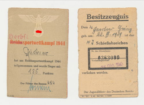 Hitlerjugend Bann 454 Besitzzeugnis Urkunden HJ Schiessabzeichen & Reichsport Wettkampf 1944