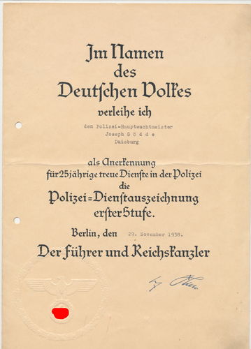 Urkunde zur Polizei Dienstauszeichnung für 25 Jahre treue Dienste 1938