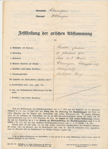 Dokument Feststellung der ari. Abstammung Solingen 1935