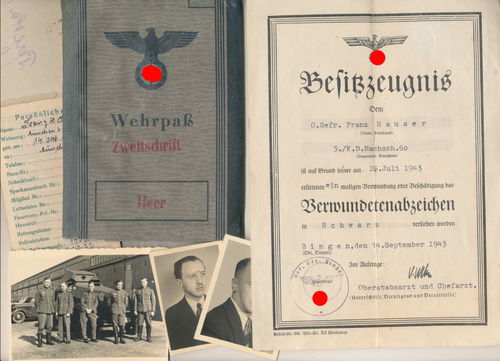 Wehrpass Notizbuch Ogfr Hauser & Urkunde Verwundetenabzeichen nach Milz / Lungen - Schuss 1943