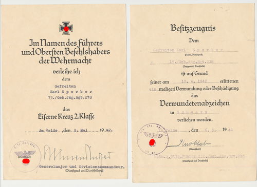 GJR Gebirgsjäger Rgt 218 Urkunde EK2 Eisernes Kreuz OU General Allmendinger & Urk. Verwundetenabz