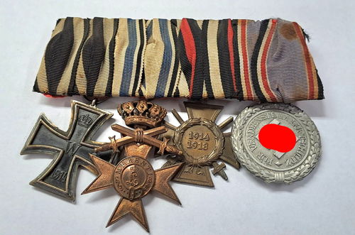 Bayern Ordensspange EK2 MVK mit KRONE Frontkämpfer Ehrenkreuz & Luftschutz Medaille 1938