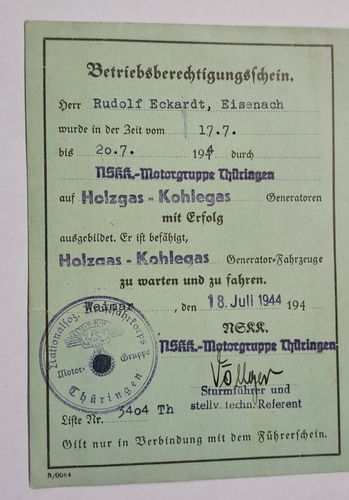 Betriebsberechtigungsschein Holzgas Kohlegas Fahrzeug NSKK Motorgruppe Thüringen 1944
