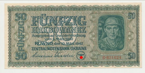 Zentral Notenbank Ukraine - Banknote Fünfzig Karbowanez Rowno 1942 mit 3. Reich Hoheitsadler