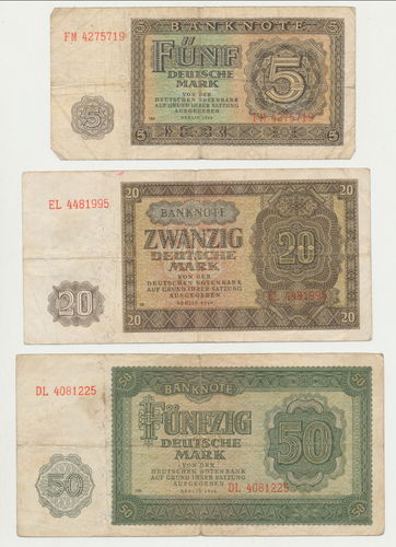 3 Stück Nachkriegs Banknoten 5/20/50 Deutsche Mark von 1948