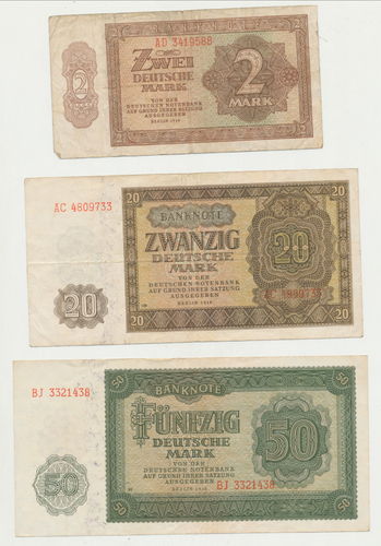 3 Stück Nachkriegs Banknoten 2/20/50 Deutsche Mark von 1948