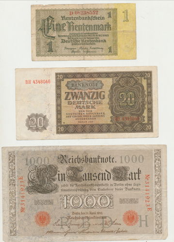 3 Stück Banknoten 1/20/1000 Deutsche Mark von 1910 - 1937 - 1948