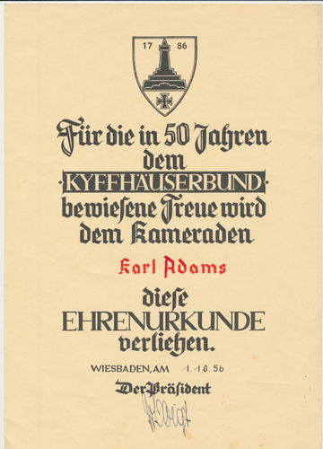 50 Jahre Kyffhäuserbund Ehren Urkunde für den Veteranen Karl Adams Wiesbaden 1956