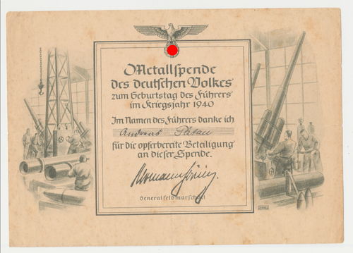 Urkunde Metallspende im Kriegsjahr 1940