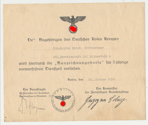 Urkunde zur Auszeichnungs Borte des DRK Deutsches Rotes Kreuz 5 Jahre Dienstzeit 1939