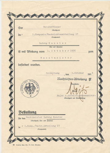 Bestallung Beförderung Ludwig Kunsler zum Wachtmeister Nachrichten Abt. 17 Heidelberg 1936