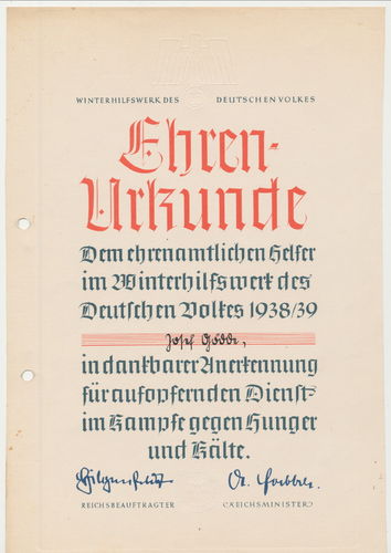 Ehren - Urkunde WHW Winterhilfswerk " Im Kampf gegen Hunger und Kälte " Winter 1938/39