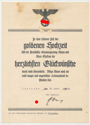 Glückwunsch Urkunde zur goldenen Hochzeit für Eheleute Dahmer Evingsen Iserlohn 1940