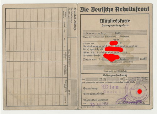 DAF deutsche Arbeitsfront Ausweis Mitgliedskarte Dworsky Karl Wien Österreich 1938