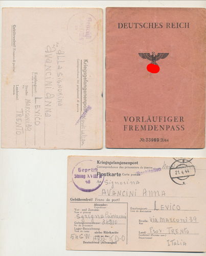 Vorläufiger Fremdenpass Ausweis Deutsches Reich für den Italiener Sgrigna Giovanni Trento 1945