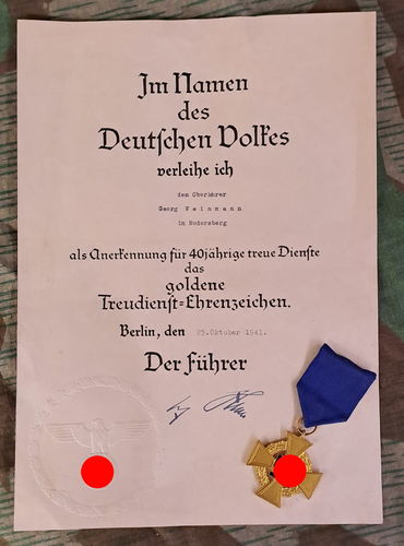 Urkunde Weinmann Rudersberg & Treudienst Ehrenzeichen in Gold für 40 jährige treue Dienste von 1941