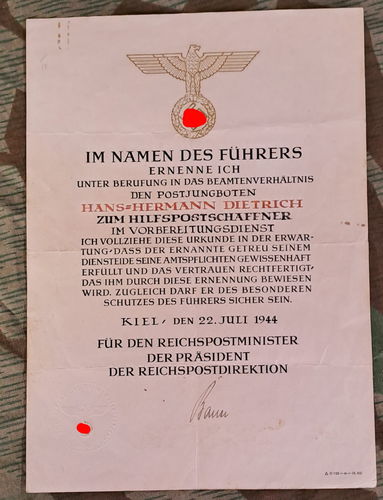 Grosse Beförderungs Urkunde für den Jung Postboten Dietrich zum Hilfs Post Schaffner 1944