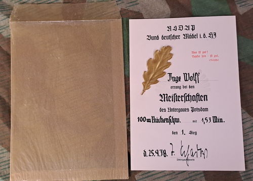 BDM Sieger Urkunde Inge Wolff Bund deutscher Mädel der NSDAP Meisterschaft Potsdam 1938