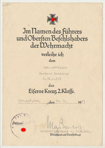 Urkunde zum EK2 Eisenes Kreuz 1939 2. Klasse Uffz Meinberg 2./ N.A. 131 mit OU Generalleutnant
