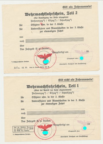 Wehrmacht Fahrschein Teil 1 & 2 Blanko nicht ausgefüllt WK2