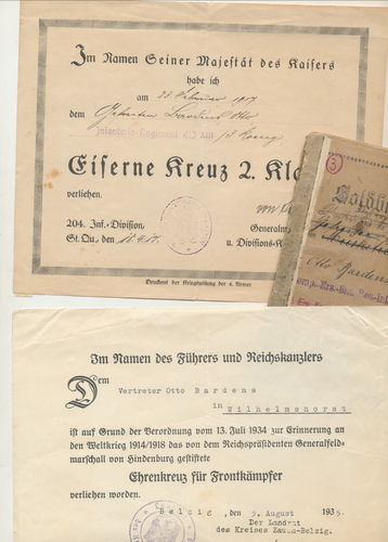 Urkunde EK2 Eisernes Kreuz 1914 mit Original Unterschrift General von Stein & Soldbuch Frontkämpfer
