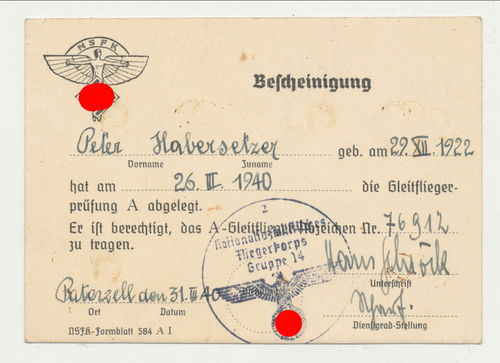 NSFK Fliegerkorps Urkunde Bescheinigung zum Gleitflieger Segelflieger Abzeichen 1940