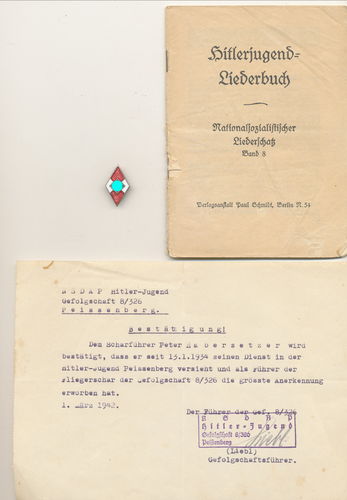 HJ Hitlerjugend Mitgliedsabzeichen Raute Hersteller RZM M1/128 mit Dokument & Liederheft