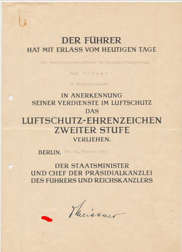 Urkunde zum Luftschutz Ehrenzeichen 2. Stufe von 1944