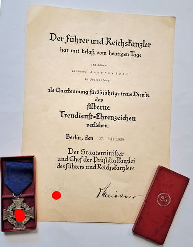 Urkunde von 1939 Peissenberg und Treudienst Ehrenzeichen in Silber in Verleihungsschachtel Etui