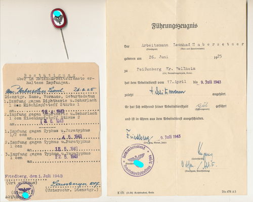 Arbeistdank Arbeitsdienst Mitglieds Abzeichen mit 2 Dokumenten Peissenberg 1943