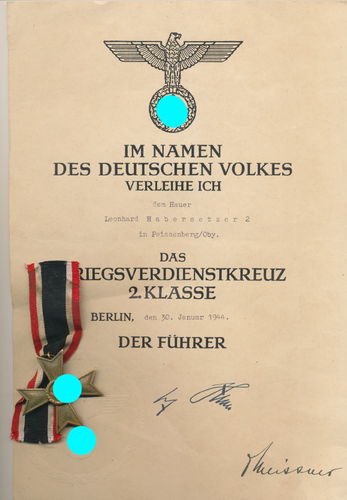 Urkunde und KVK Kriegsverdienstkreuz OHNE Schwerter Peissenberg Bayern 1944