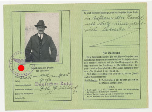 Legitimations Karte Ausweis für Handels Kaufleute Reisende Bad Reichenhall 1937