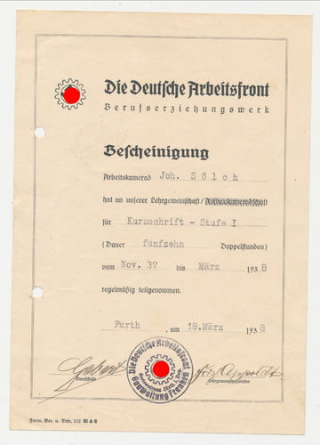 Steno Kurzschrift Bescheinigung DAF deutsche Arbeistfront Fürth 1938