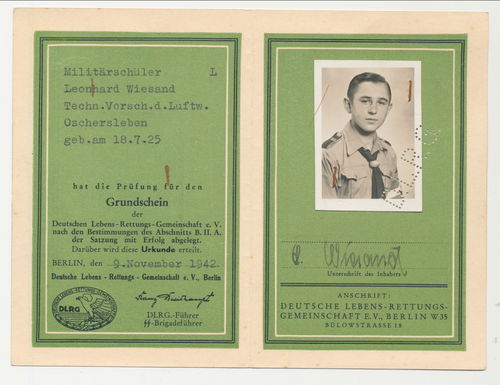 HJ Hitlerjugend Militär Schüler Ausweis DLRG Grundschein Oschersleben 1942
