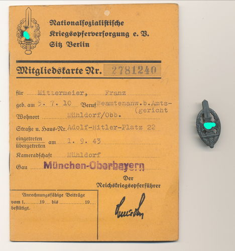 NSKOV Nat.Soz Kriegsopferversorgung Ausweis & Mitgliedsabzeichen Mühldorf Bayern 1943