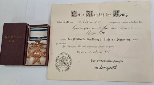 Bayern 4. Infanterie Regiment Urkunde 1918 & MVK Militärverdienstkreuz in Schachtel Etui
