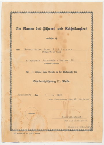 Urkunde zur Wehrmacht Dienstauszeichnung 4 Jahre Uffz Ellinger Inf Rgt 20