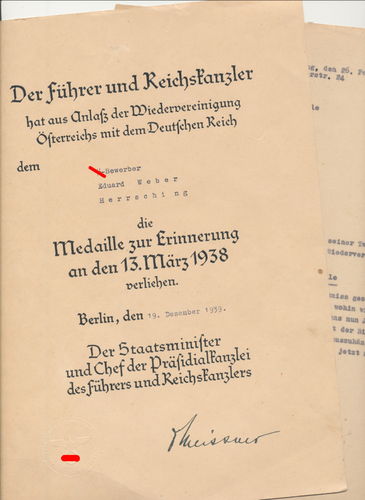 Urkunde & Begleitschreiben SS Standarte 7/34 SS Bewerber Weber zur Einmarsch Medaille 13. März 1938