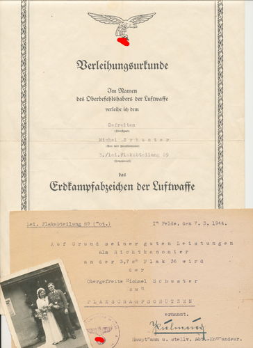 Urkunde Flak Abt 89 zum Erdkampfabzeichen der Luftwaffe mit Ernennung zum Flak - SCHARFSCHÜTZEN