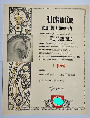 Urkunde 1. Preis Pferde Sport Trabrennbahn München Daglfing Hengst " Wunderknabe " von 1940