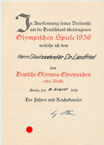 Urkunde für das Olympia Ehrenzeichen ERSTER Klasse für Staatsekretär Olympische Spiele 1936