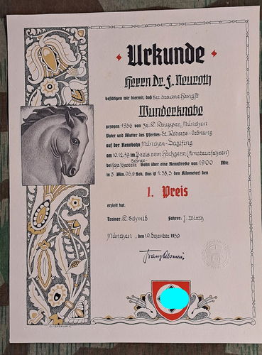 Urkunde 1. Preis Pferde Sport Trabrennbahn München Daglfing Hengst " Wunderknabe " von 1939