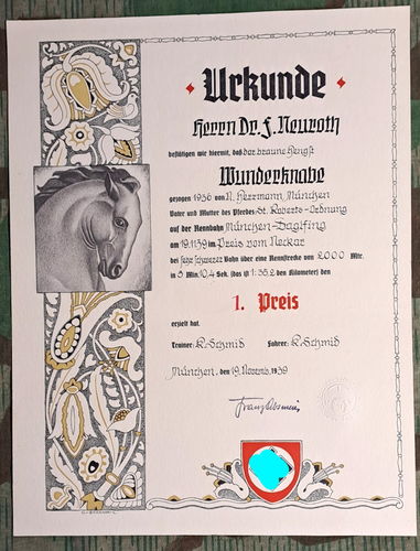 Urkunde 1. Preis Pferde Sport Trabrennbahn München Daglfing Hengst " Wunderknabe " von 1939