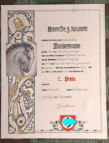 Urkunde 2. Preis Pferde Sport Trabrennbahn München Daglfing Hengst " Wunderknabe " von 1939