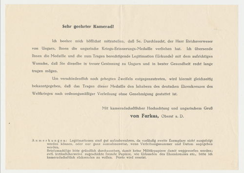 Übersendungsschreiben Dokument zur Urkunde Ungarische Kriegs Erinnerungs Medaille 1914-1918