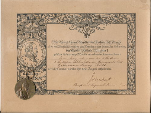 Urkunde & Centenar Medaille Kaiser Wilhelm I. Erinnerungs Medaille aus erbeuteter Kanone 1897