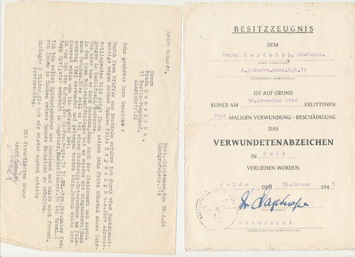Waffen SS Freiwilligen Grenadier Rgt 79 Urkunde zum Verwundetenabzeichen in Gold von 1945