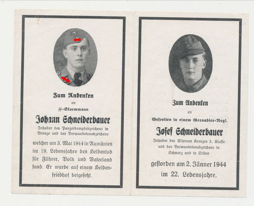 Waffen SS Sterbebild Schneiderbauer Brüder Inhaber Panzerkampfabzeichen gefallen Rumänien Mai 1944