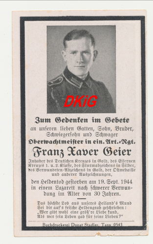 DKiG Deutsches Kreuz in Gold Sterbebild Franz Xaver Geier Art Rgt 212 Tod 1944 Reichenbach