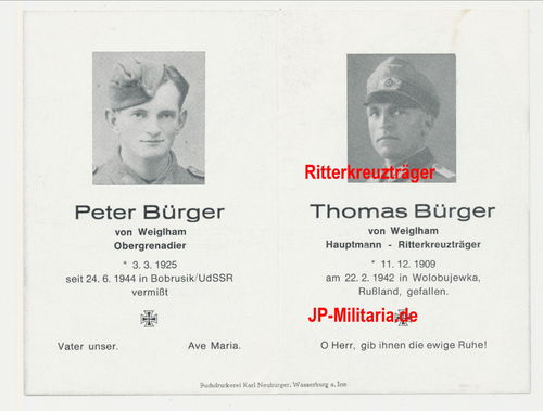 Ritterkreuz Ritterkreuzträger Sterbebild Hauptmann Thomas Bürger gefallen Ostfront 1942